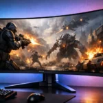 Monitor de gaming curbat ultrawide de 34 inch, într-un setup modern, cu iluminare ambientală subtilă și ecran panoramic.