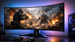 Monitor de gaming curbat ultrawide de 34 inch, într-un setup modern, cu iluminare ambientală subtilă și ecran panoramic.