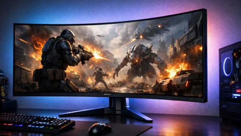 Monitor de gaming curbat ultrawide de 34 inch, într-un setup modern, cu iluminare ambientală subtilă și ecran panoramic.